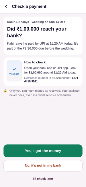 Phoolwari Events: Payments: check one at a time