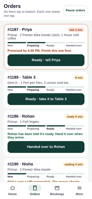 Elaichi & Ember: Orders: one button per order