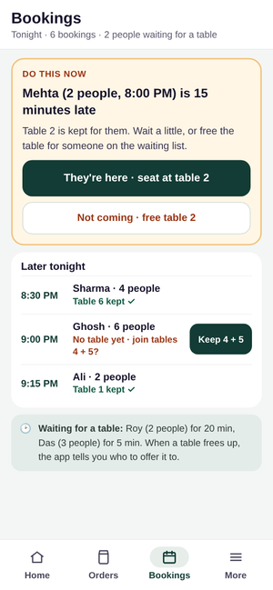 Elaichi & Ember: Bookings: tonight's tables